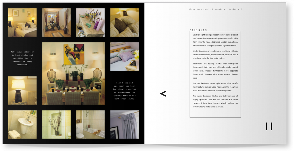 Sample spread from the property marketing literature designed for Three Cups Yard.