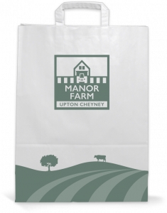 Manor Farm branding applied to grocery bags.